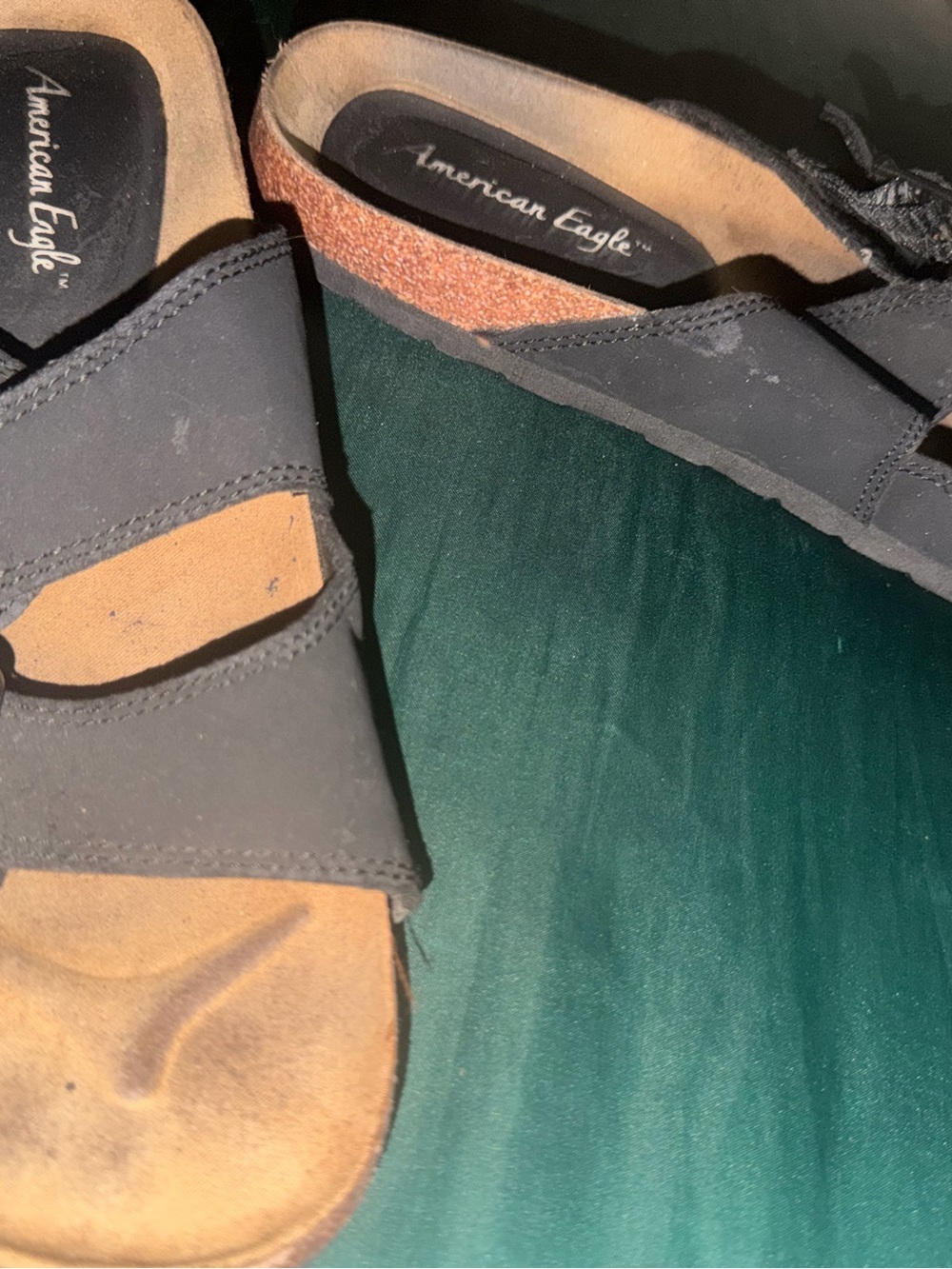 American Eagle Outfitters Men's Black Slide Sandals with Tan Footbed